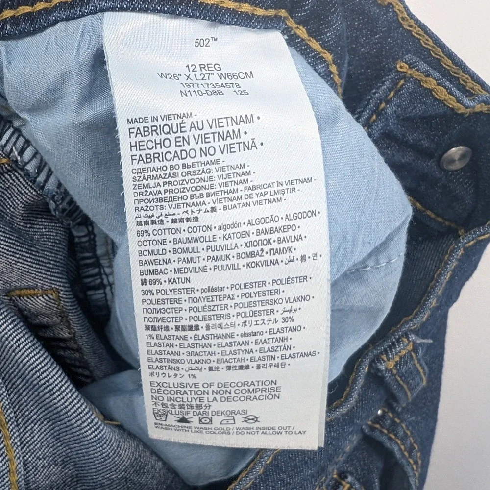 Levi's 502 Regular Taper Boys Jeans Size 12 Reg Dark Wash‎ Denim 26x27
